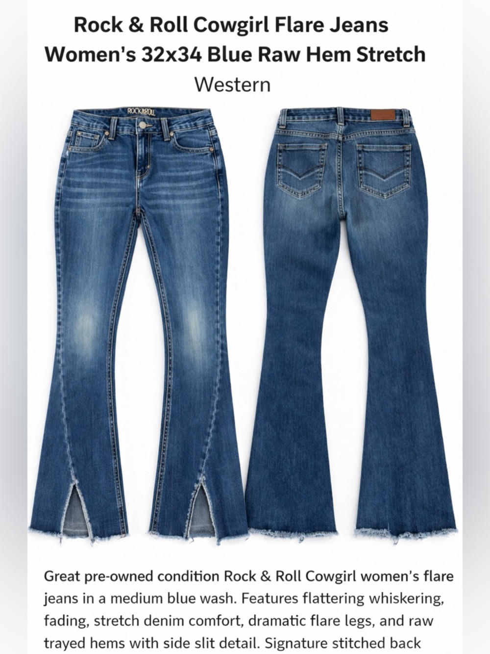 Rock & Roll Cowgirl Jeans Womens 32x34 Blue Raw Hem Stretch Western Y2K